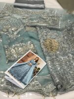 Maria B Wedding Collection | Net Embroidered Maxi Dress with 3D Flowers, Pearls & Sequins | Ice Blue - Image 5