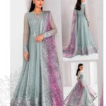 Pink Aqua Chiffon Maxi with Net Dupatta & Silk Trouser - Embroidered Zari Work, Sequins, and Stones