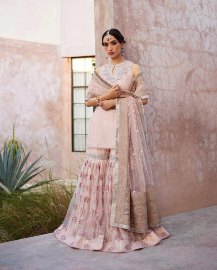 Faiza Saqlain Designer Gharara Outfit - Embroidered Net Shirt & Gharara with Pearls & Tilla Work Set