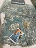 Maria B Wedding Collection | Net Embroidered Maxi Dress with 3D Flowers, Pearls & Sequins | Ice Blue - Image 6