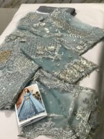 Maria B Wedding Collection | Net Embroidered Maxi Dress with 3D Flowers, Pearls & Sequins | Ice Blue - Image 3