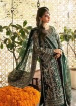 Deep Green Embroidered Partywear Set | Brand Gulal Zayra Luxury Chiffon Shirt, Net Dupatta & Silk Trouser - 3-Piece - Image 3