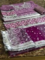 Pink Chiffon Maxi with Net Dupatta & Silk Trouser - Embroidered Zari Work, Sequins, and Stones - Image 2