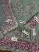 Pink Aqua Chiffon Maxi with Net Dupatta & Silk Trouser – Embroidered Zari Work, Sequins - Image 6