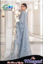 Maria B Couture Ice Blue MC-049 Chikankari Saree - Pearl, Sequins & Cutwork on Soft Net | Bridal Party Wear - Image 3