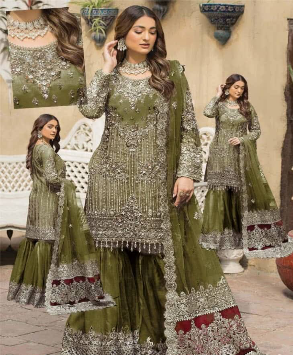 Imrozia green luxury formal embroidered gharara dress