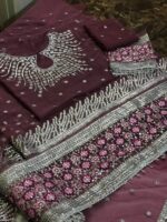 Tea Pink Chiffon Maxi with Net Dupatta & Silk Trouser - Embroidered Zari Work, Sequins, and Stones - Image 3