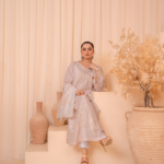 3-Piece Embroidered Indian Tussar Silk Kaftan Dress with Silk Dupatta & Crepe Silk Trouser - Stitched - Image 5