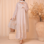 3-Piece Embroidered Indian Tussar Silk Kaftan Dress with Silk Dupatta & Crepe Silk Trouser - Stitched - Image 9