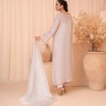 3-Piece Embroidered Indian Tussar Silk Kaftan Dress with Silk Dupatta & Crepe Silk Trouser - Stitched - Image 2