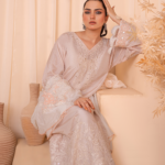 3-Piece Embroidered Indian Tussar Silk Kaftan Dress with Silk Dupatta & Crepe Silk Trouser - Stitched - Image 10