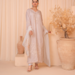 3-Piece Embroidered Indian Tussar Silk Kaftan Dress with Silk Dupatta & Crepe Silk Trouser - Stitched - Image 4