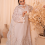 3-Piece Embroidered Indian Tussar Silk Kaftan Dress with Silk Dupatta & Crepe Silk Trouser - Stitched - Image 8
