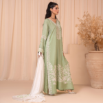 3-Piece Indian Tussar Silk Embroidered Kaftan Dress with Silk Dupatta & Crepe Silk Trouser - Stitched