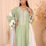 3-Piece Indian Tussar Silk Embroidered Kaftan Dress with Silk Dupatta & Crepe Silk Trouser - Stitched - Image 3