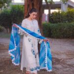 Premium Embroidered Chikankari Cotton Lawn Set (3-Piece Stitched) - Off-White & Ocean Blue