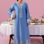 Premium Embroidered Pure Sheesha Silk Kaftan Set (3-Piece Stitched) - Powder Blue & White